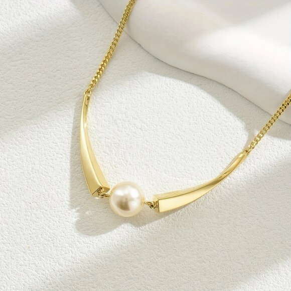 14K Gold Womens Solitaire White Natural Pearl Necklace 16\